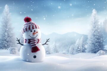 Obraz premium Meet a snowman adorned in a red hat and scarf against the backdrop of snow-covered mountains. This beautiful winter scene offers us the beauty of nature and tranquility. Experience harmo Generative AI