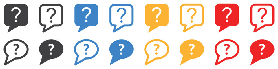 Set of message boxs with question mark icons. Help symbol, question mark, faq signs. Vector illustration.