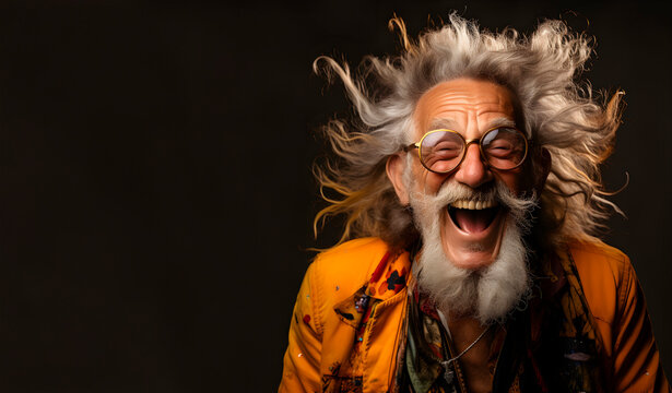 Handsome portrait of an old Asian, man with joyful emotions