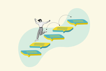 Composite collage image of excited mini black white effect girl jump big dialogue bubble stairs isolated on drawing background