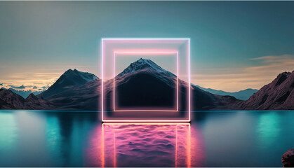 a neon square hovering over the middle of a lake with mountain in the back in a minimalistic setting - Powered by Adobe