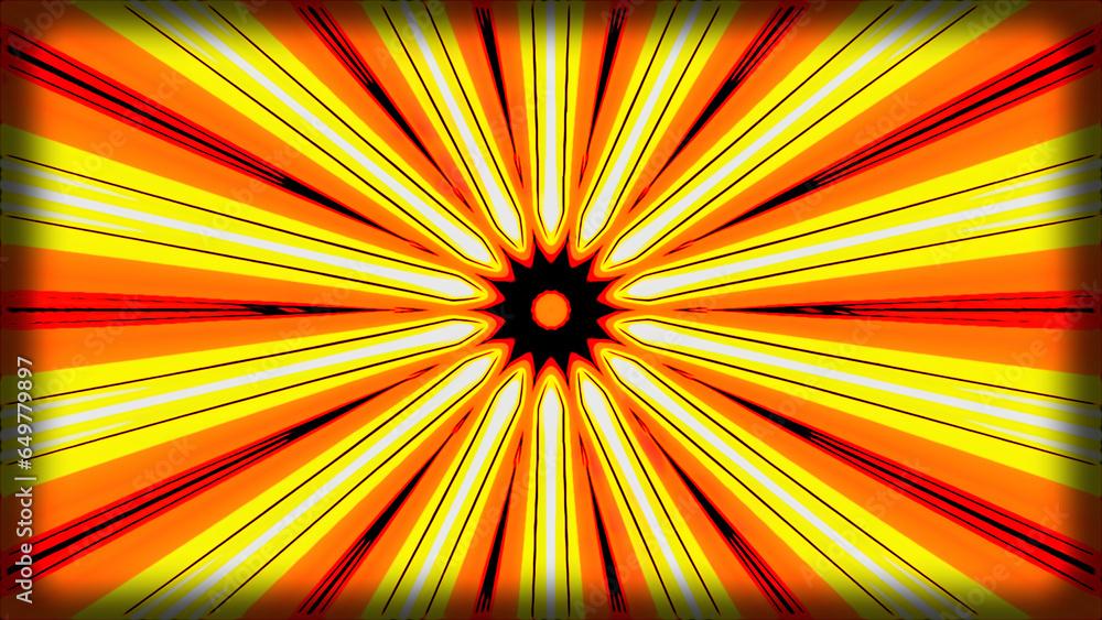 Poster abstract dot in the middle of the screen surrounded by blinking rays. motion. kaleidoscopic effect.