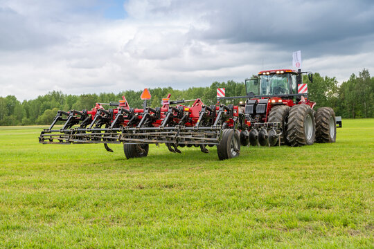 Russia, Leningrad Region - June, 2019: Working bodies of equipment for land cultivation. Agricultural machinery.