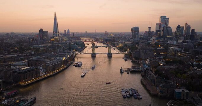 Warm Sunset Light Covers London Skyline Epic Cinematic Establishing Aerial Shot