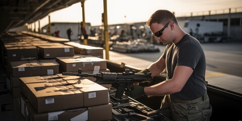 Supply of weapons. Unloading boxes of ammunition at a military airport. Generative AI.