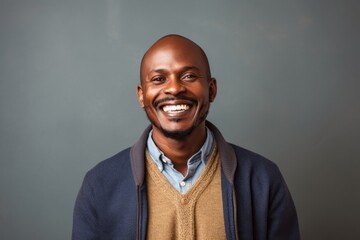 Cheerful smiling man with beard on gray background, content and happy facial expression
