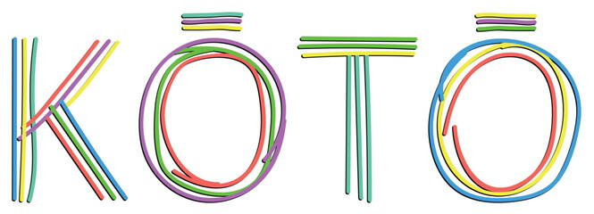 KOTO. Isolate neon doodle lettering text, multi-colored curved neon lines, felt-tip pen or pensil. Japanese city KOTO or Kyoto for banner, Japan t-shirts, mobile apps, typography, web resources - obrazy, fototapety, plakaty