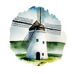 Namalowany młyn wiatrak ilustracja - obrazy, fototapety, plakaty