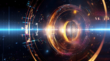 Electrical neon rings abstract background. Quantum computing, cloud computing.