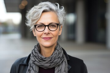 Smiling senior woman with gray hair wearing eyeglasses and scarf - obrazy, fototapety, plakaty