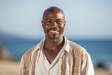 Cheerful adult by the sea: Happy man smiling and looking at camera in front of architectural temple