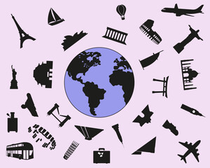 Icons of world landmarks. Travels and holidays in different countries of the world.