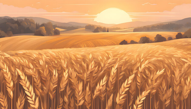 image of a autumn wheat field landscape against a sunset background
