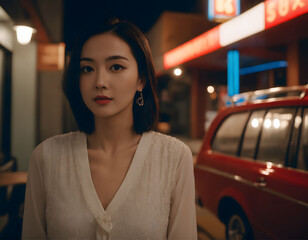 Asian woman in front of a diner at night raining. AI generative.