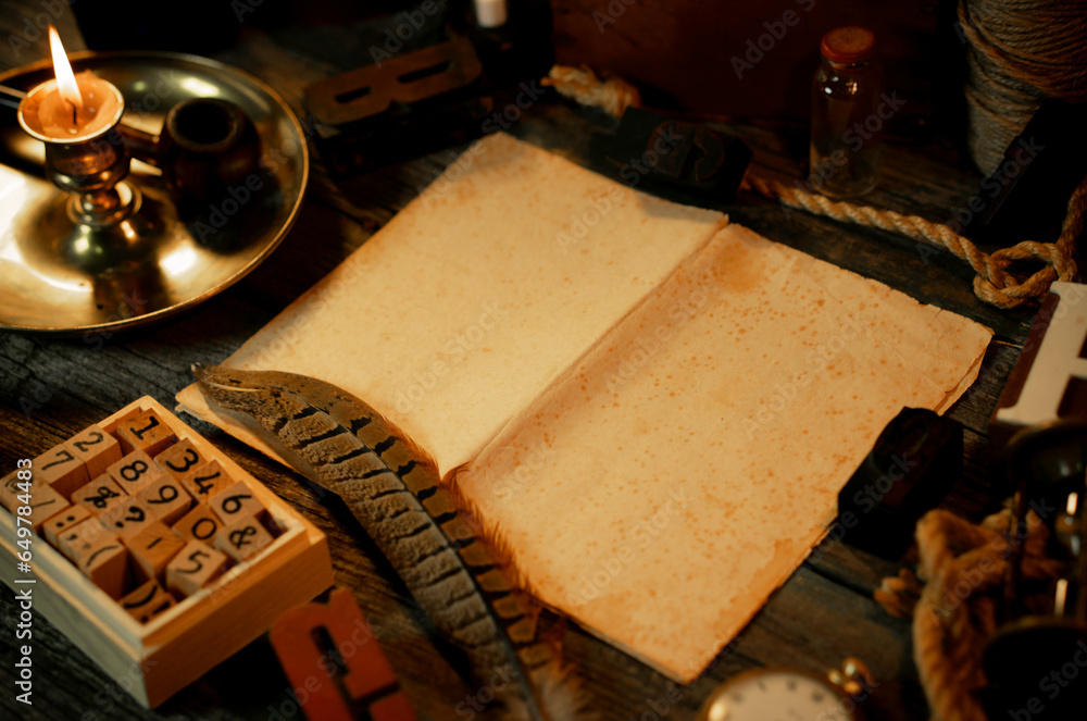 Fototapete retro type objects and old wooden typographic blocks. letters and numbers. vinatage background