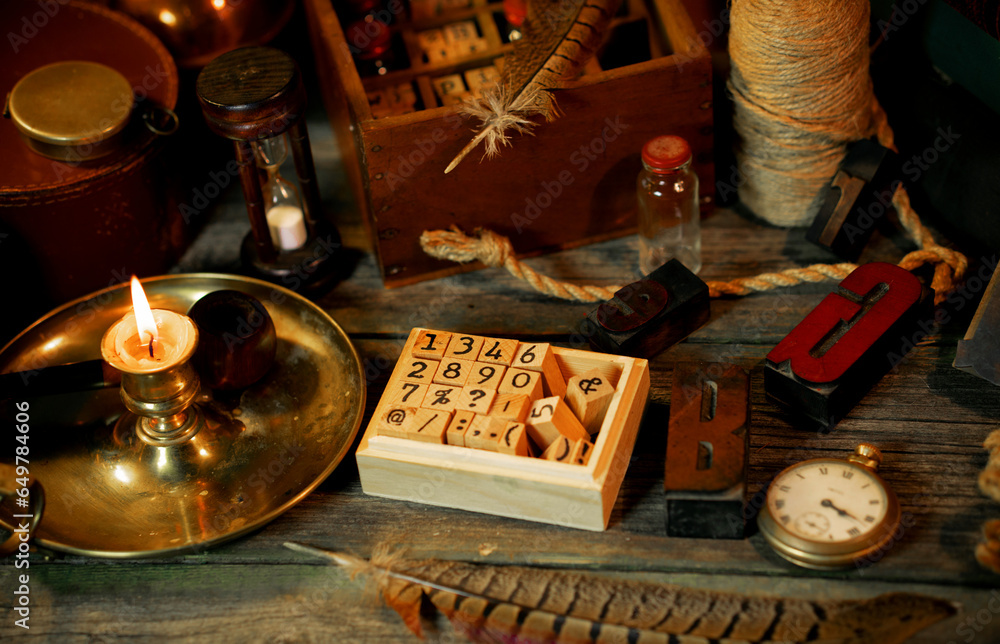 Fototapete retro type objects and old wooden typographic blocks. letters and numbers. vinatage background