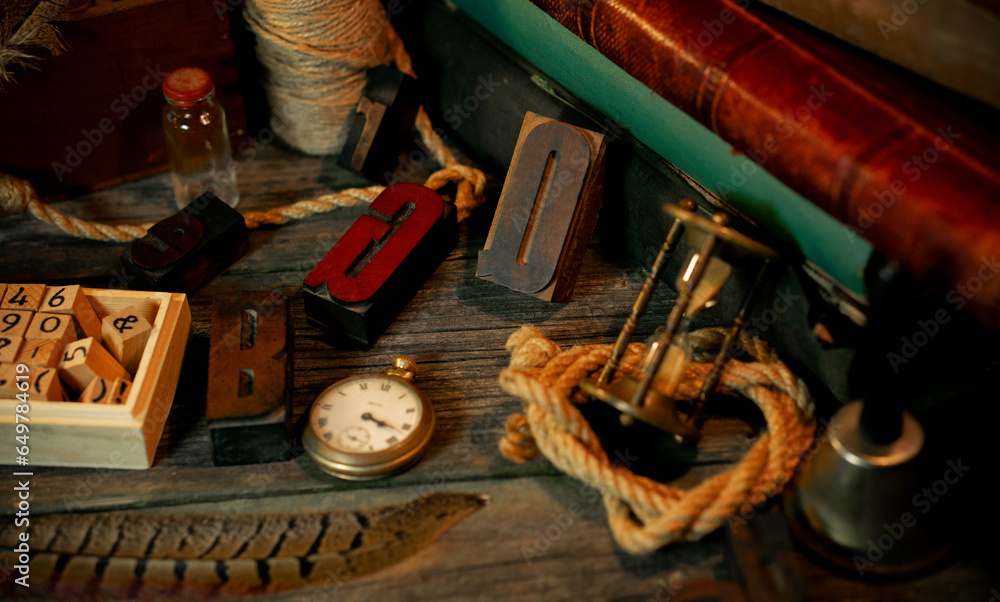 Fototapete retro type objects and old wooden typographic blocks. letters and numbers. vinatage background