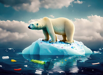 流氷に乗るシロクマとプラスチックゴミ