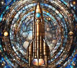 Bright colored space rocket, abstract painting in stained glass style - obrazy, fototapety, plakaty