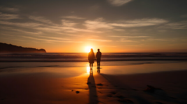 man and woman standing on a beach watching a beautiful su three generative AI