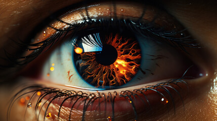 Eye of Fire: A Close-Up of a Woman's Eye with Flames Reflected in It. Iris beauty.