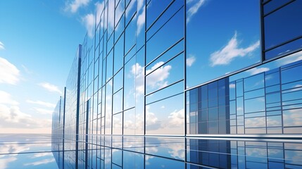 A stunning image showcasing the glossy glass facade of a towering skyscraper, beautifully reflecting the clear blue sky and fluffy white clouds, creating a mesmerizing mirror effect.