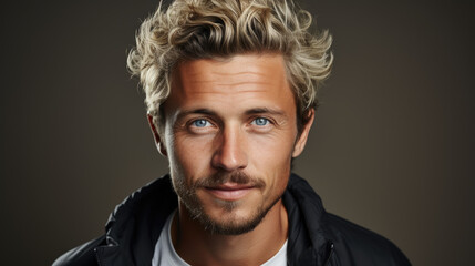 a closeup photo portrait of a handsome blonde scandinavian man. guy with fresh stylish hair