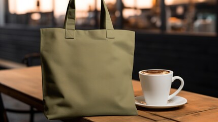 Generative AI, Realistic khaki tote canvas fabric bag set-up in at cafe interior, shopper mock up blank.	
