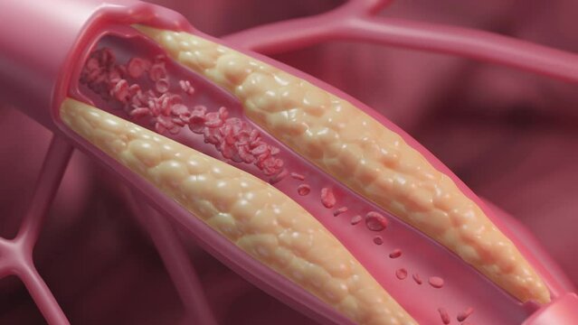 The camera zooms in. The blood travels inconveniently because fat clumps block the passageway.