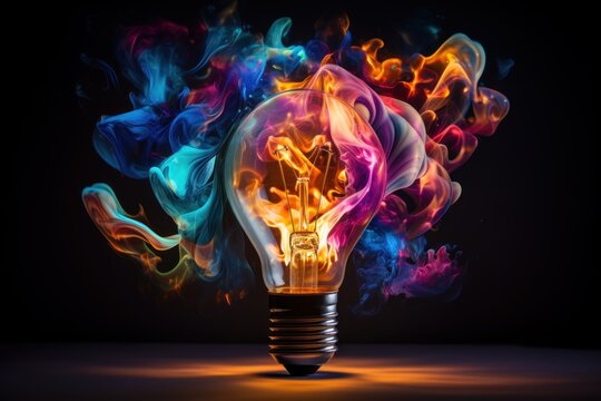 Colorful light bolb with splashes of color energy waves, Creative idea business concept
