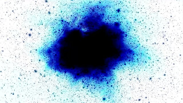 A black hole and flying blue dust particles on a white background, an abstraction.