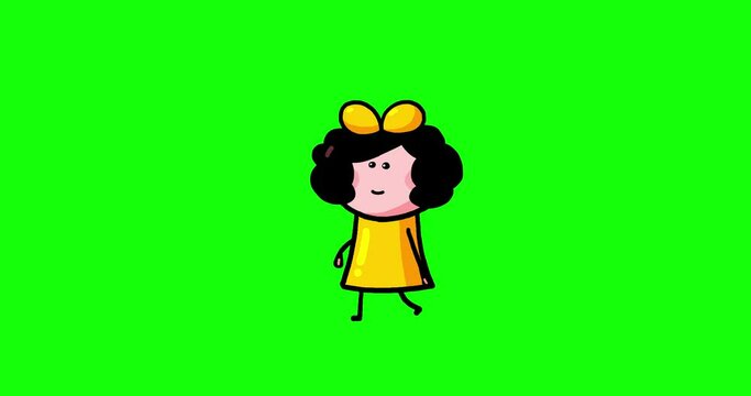 Cartoon kid character moves Julia isolated one step green screen. Moving child serie transparent greenbox. Useful content presenter no background.