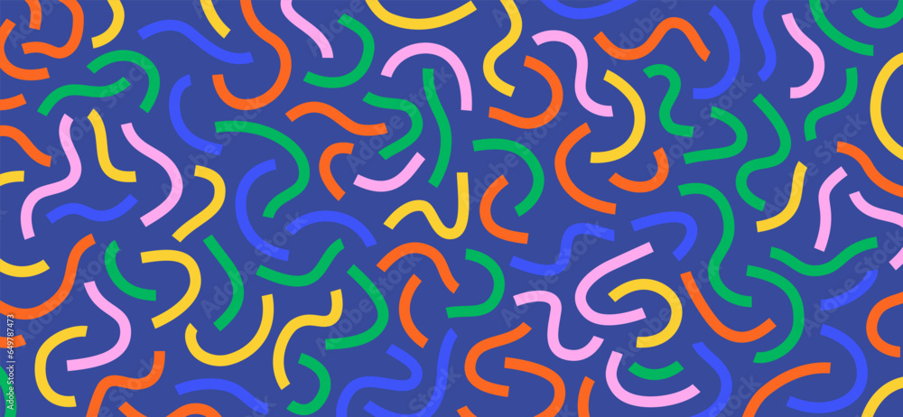 Poster colorful doodle pattern. funny vibrant pattern. colorful curved lines isolated on blue background.