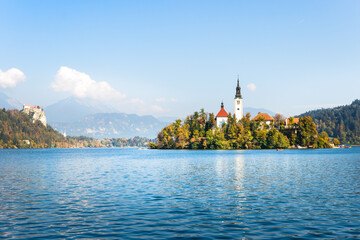 Famous alpine Bled lake (Blejsko jezero) in Slovenia, amazing autumn landscape