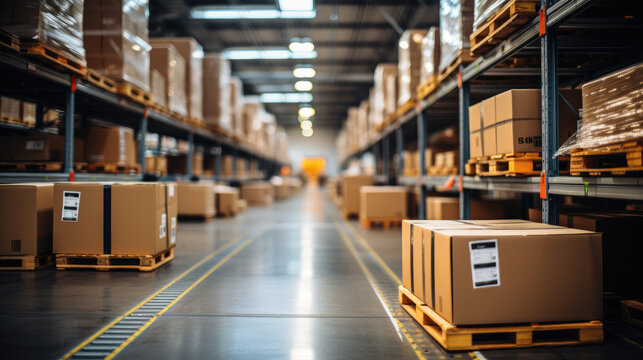 A large warehouse with numerous items. Rows of shelves with boxes. Logistics. Inventory control, order fulfillment or space optimization.
