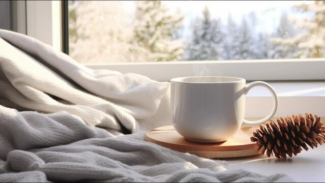 steam cup of coffee on the snow outside in winter