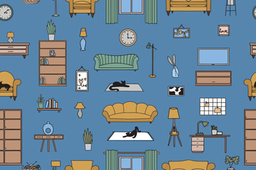 Seamless pattern of furniture, lamps, interior items. Modern vector illustration for banner, web page, print media. 