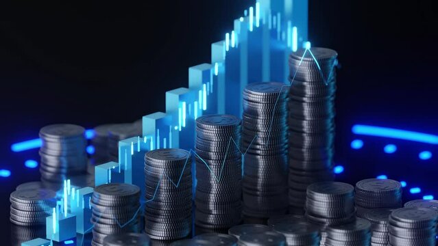 The dollar coin increases accordingly. The graph also went up.cyberspace style. isolate camera view.