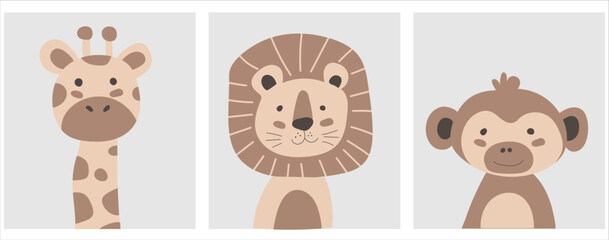 Cute cartoon boho african animals set. Giraffe, lion, monkey. © Victoria
