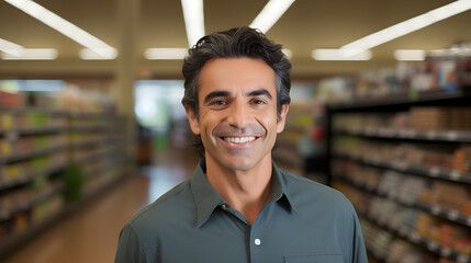 Hombre latino sonriente haciendo sus compras en el supermercado - obrazy, fototapety, plakaty