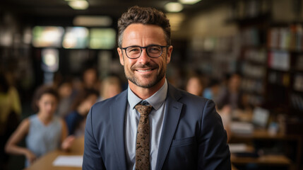 a photo portrait of a handsome american male school teacher with glasses standing in the classroom. students sitting and walking in the break. - obrazy, fototapety, plakaty