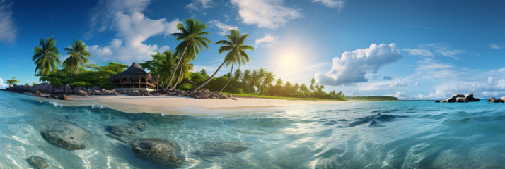 A tropical paradise. Blue skies, sunshine. Vacation destination. Crystal clear water. Island paradise. Palm trees. Beach.
