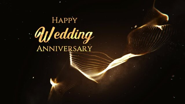 luxury Golden Shiny Happy Wedding Anniversary Lettering On Turbulence Wavy Lines Particles Flying Up Right Glitter Sparkle Dust, Seamless Loop with Background Separated