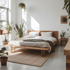 minimalist bedroom with white walls natural wood furnitur generative AI