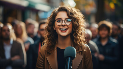 Young politician woman during interviewed live by a tv broadcast channel. - obrazy, fototapety, plakaty