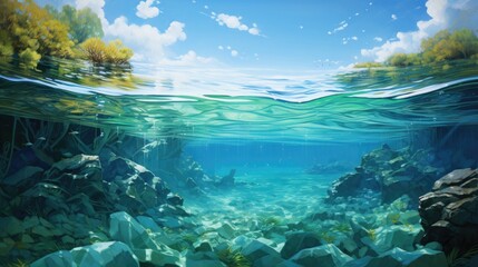 Serene sea underwater landscape, sun rays breaking through clear water. Various beneficial algae grow on the seabed.