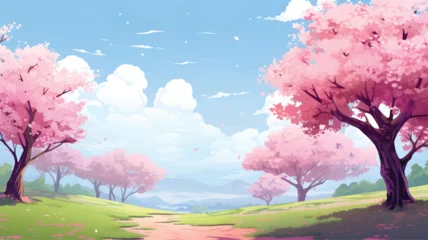 Fototapeten Lila Cherry blossom landscape illustration wallpaper   © Alice