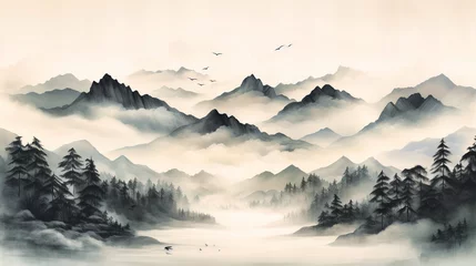 Tuinposter Monochromatic Ink Washes Creating Mountain Landscapes, © NURA ALAM