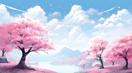 Cherry blossom landscape illustration wallpaper  - obrazy, fototapety, plakaty