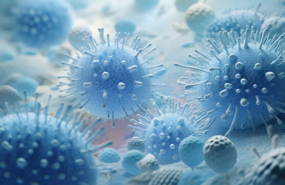 A white photo of a virus surrounded by other bacteria, in the style of light navy and sky-blue, intricate pointillism, spiky mounds - Powered by Adobe